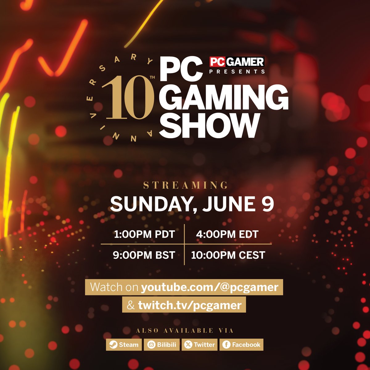 It's back! The PC Gaming Show returns on Sunday June 9 ⏰ 1pm PDT / 4pm EDT / 9pm BST / 10pm CEST 📺 Join us on X, Twitch, YouTube and Steam ✅ 50+ games, exclusives and announcements 🎉 Celebrating 10 years 🌟 Hosts and lots more still to be announced #PCGamingShow