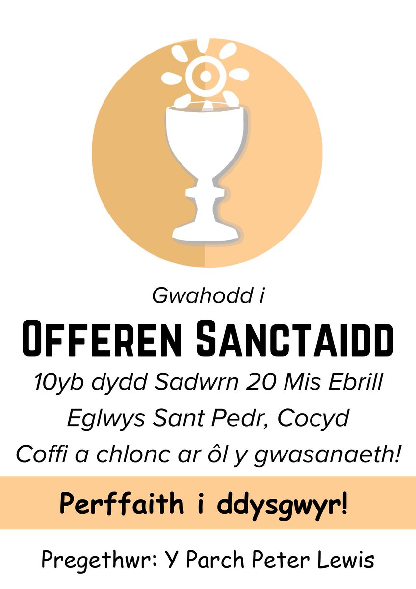 This Saturday we welcome the Rev'd Peter Lewis to preach at Offeren Sanctaidd, the monthly Welsh-language Eucharist, with hymns. Worship begins at 10am. All are welcome! #perffaithiddysgwyr #welshforadults #dechraucanmol