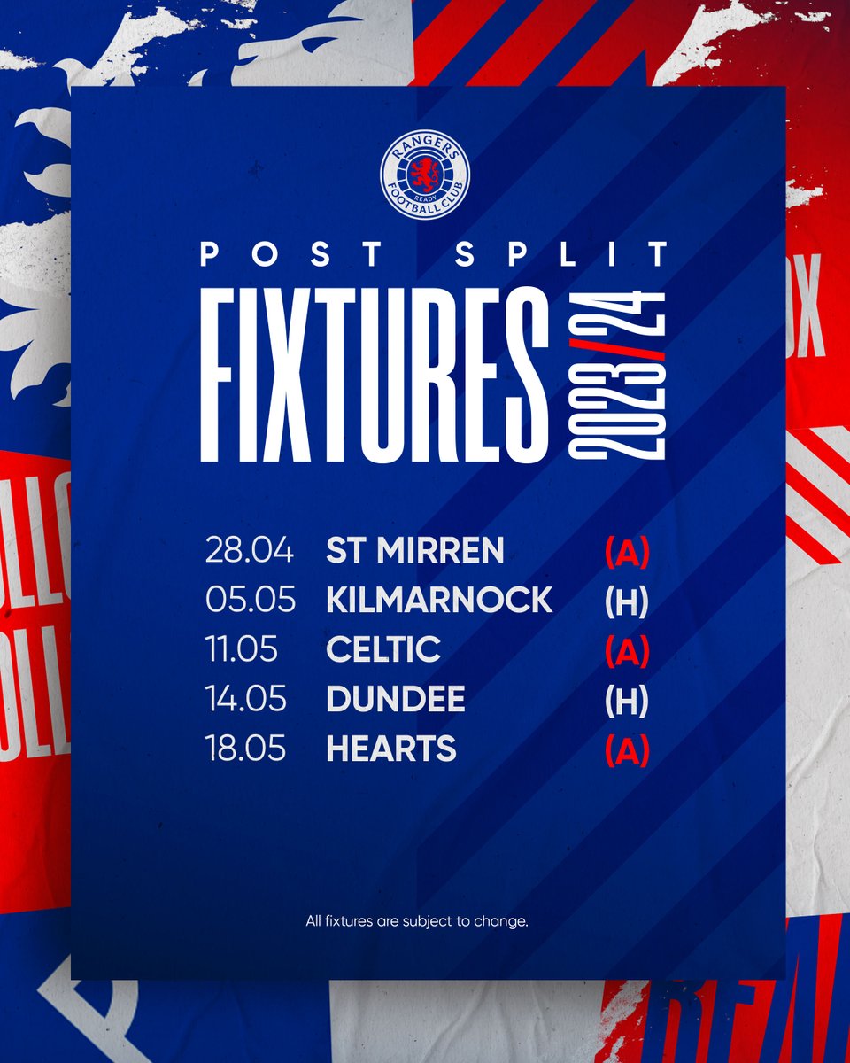 📆 Our @spfl Post-Split Fixtures: Sun 28 April | St Mirren (A) | 12:30 Sun 5 May | Kilmarnock (H) | 13:00 Sat 11 May | Celtic (A) | 12:30 Tue 14 May | Dundee (H) | 19:30 Sat 18 May | Hearts (A) | 12:30