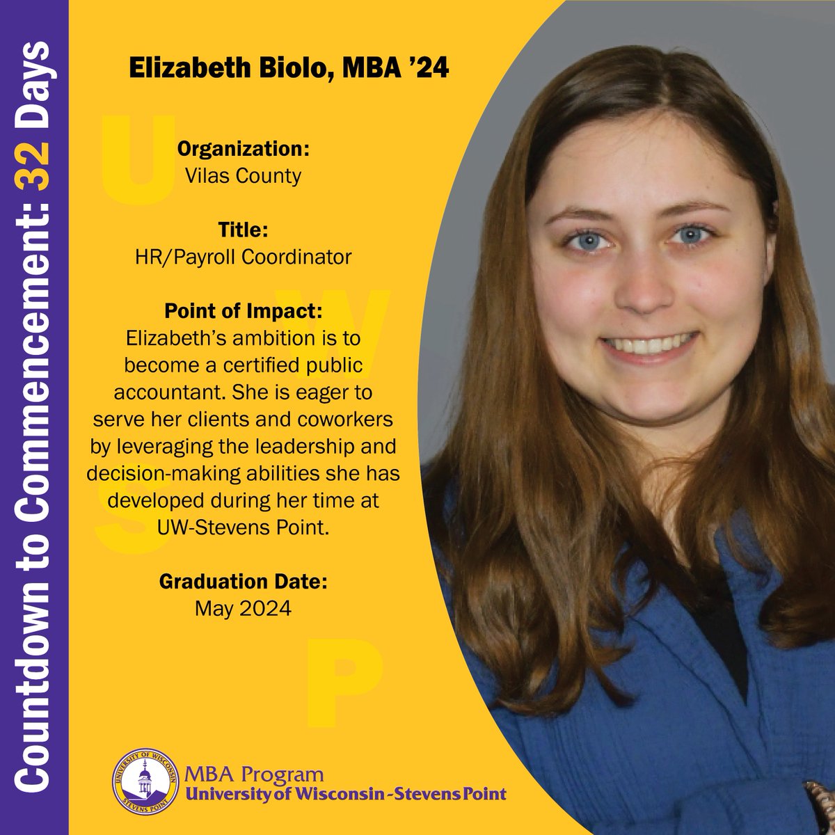 SentrySchool's tweet photo. We're kicking off our #CountdownToCommencement series today as we highlight spring and summer 2024 #UWSPMBA graduates. Let's get started with 4+1 student Elizabeth Biolo, MBA ’24, HR/payroll coordinator for Vilas County. #UWSP #uwspgrad https://t.co/SWOyRkhuna