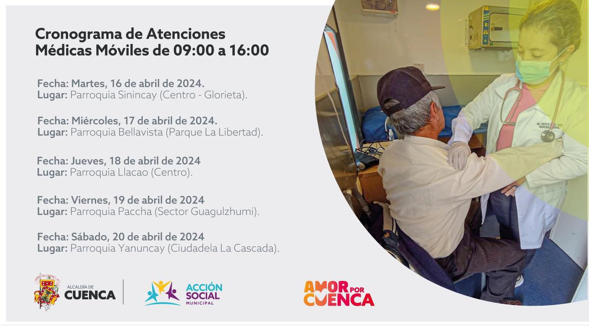 ¡Su salud es nuestra prioridad!🧑‍⚕️🩺

Nuestro equipo de profesionales en medicina general y odontología están a su disposición para brindarles atención médica y sin ningún costo en nuestras Unidades Médicas Móviles 🚑.

<a href="/czamoramatute/">Cristian Zamora M</a> 
<a href="/UNSIONTV/">UnsionTV</a> 
<a href="/GadSinincay/">GAD Parroquial de Sinincay Cuenta Oficial</a> 
<a href="/gadllacao/">GAD LLACAO</a>