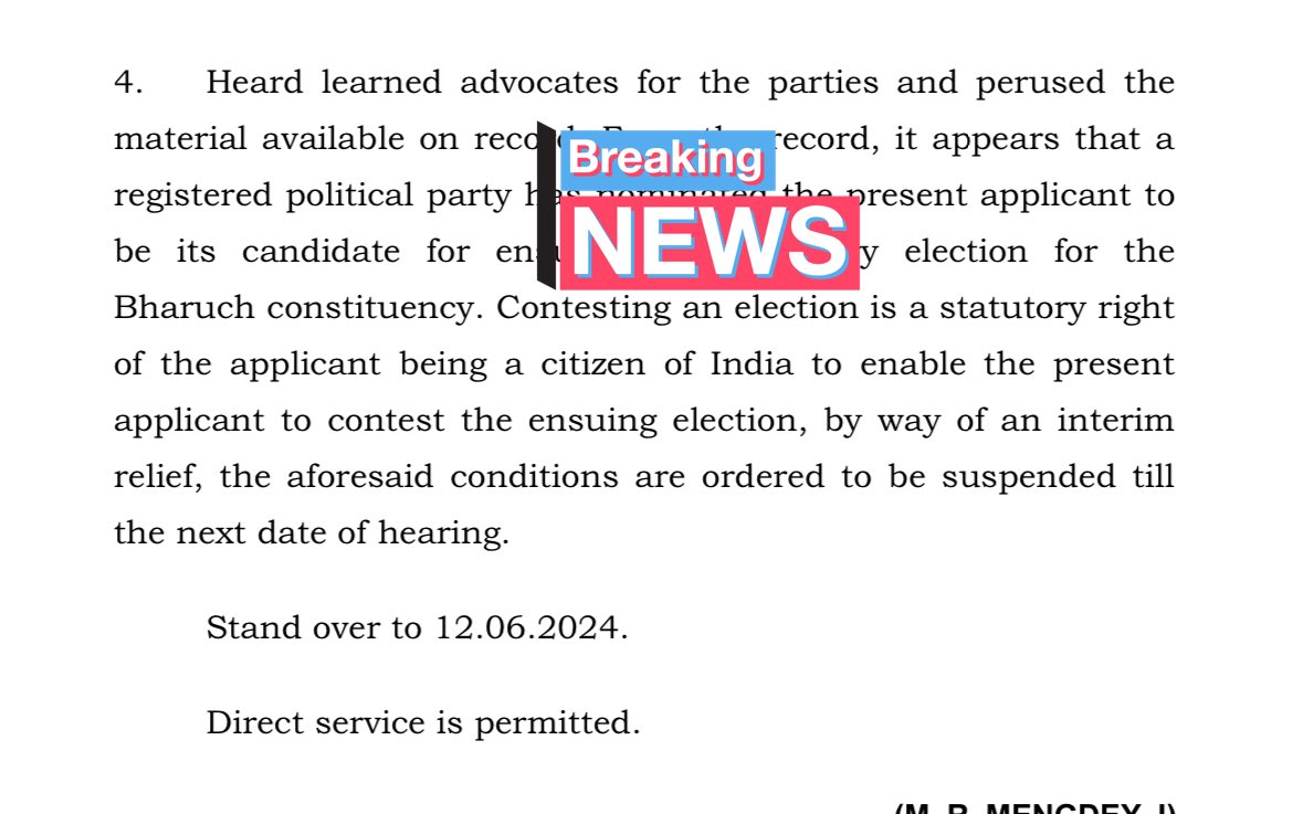 #GujaratHighCourt “भारतीय नागरिक होने के आवेदक को चुनाव लड़ने का अधिकार” INDIA गठबंधन के उम्मीदवार @Chaitar_Vasava को HC से अंतरिम राहत। 12 जून तक चैतर वसावा को नर्मदा - भरूच में प्रवेश की छूट मिली। निचली कोर्ट का आदेश अगली सुनवाई तक निरस्त।