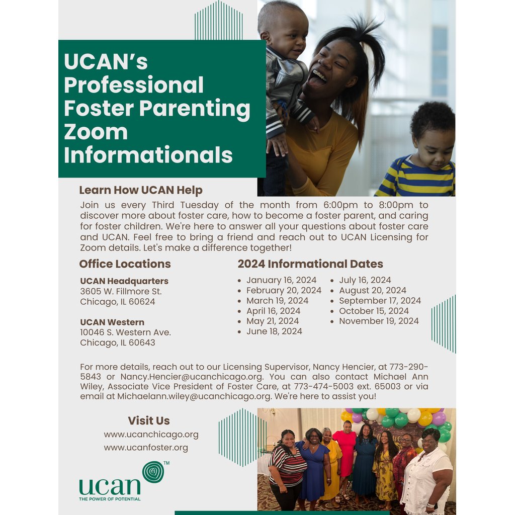 UCANchicago's tweet image. Join us on Zoom today to learn more about how you can become a foster parent! We will be addressing all of your questions and concerns regarding foster care. Contact Nancy Hencier at Nancy.Hencier@ucanchicago.org to get involved. #UCAN #FosterParents #PFP #UnitingFamilies