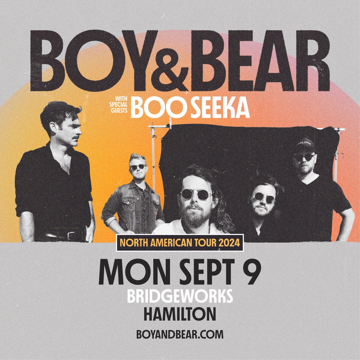 Australian indie mainstays Boy & Bear's live show offers a uniquely compelling experience that has earned them a reputation as one of Australia's most outstanding live acts. They'll be joined by Boo Seeka at BW on Sept 9. Tix on sale Friday at 10am via bridgeworks.ca!