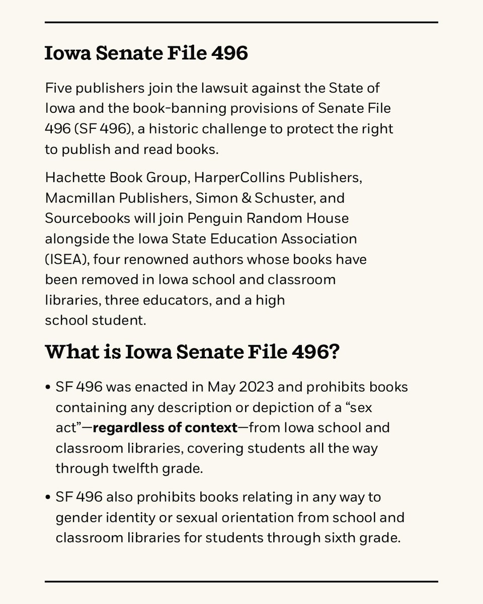 MacmillanUSA's tweet photo. We have joined a lawsuit alongside Hachette Book Group, HarperCollins Publishers, Simon &amp; Schuster, and Sourcebooks in support of this lawsuit against the State of Iowa and the book-banning provisions of Senate File 496. Learn more here: https://t.co/1tddxVXVFh https://t.co/NgjqLxRudR