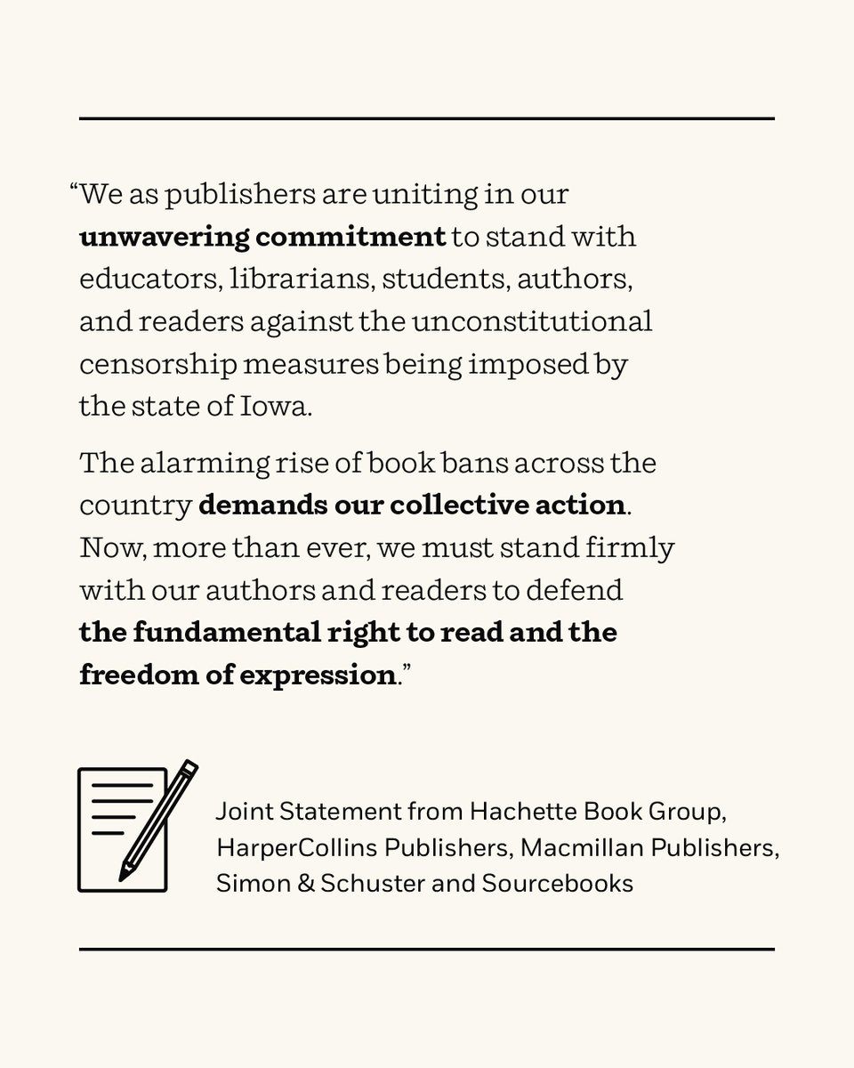 MacmillanUSA's tweet photo. We have joined a lawsuit alongside Hachette Book Group, HarperCollins Publishers, Simon &amp; Schuster, and Sourcebooks in support of this lawsuit against the State of Iowa and the book-banning provisions of Senate File 496. Learn more here: https://t.co/1tddxVXVFh https://t.co/NgjqLxRudR