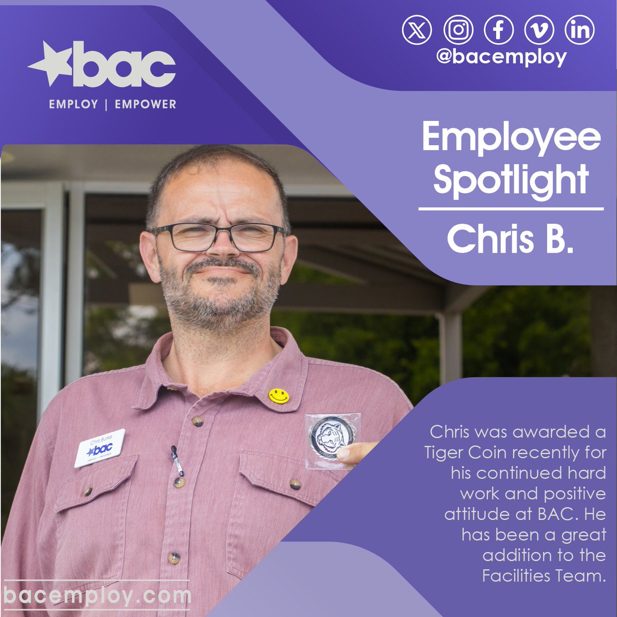 #TeamTuesday!
A huge shoutout to Chris, one of our outstanding BAC team members at our Rockledge Headquarters!  Chris has been awarded a well-deserved Tiger Coin for his unwavering dedication, incredible work ethic, and contagious positivity. #PowerOfBAC #EmployEmpower