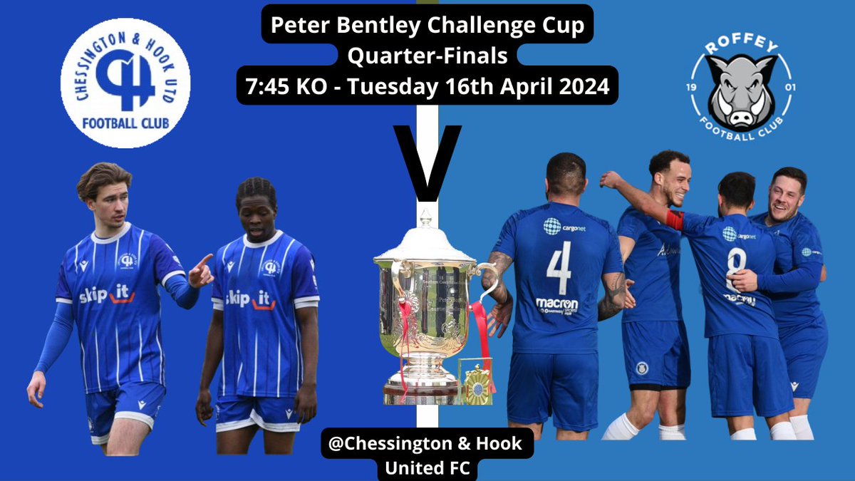 Cup Action Tonight! @RoffeyFC travel to @CHUFC to compete for a place in the Semi-finals of the Peter Bentley Challenge Cup Good luck to both teams tonight !!!🤞