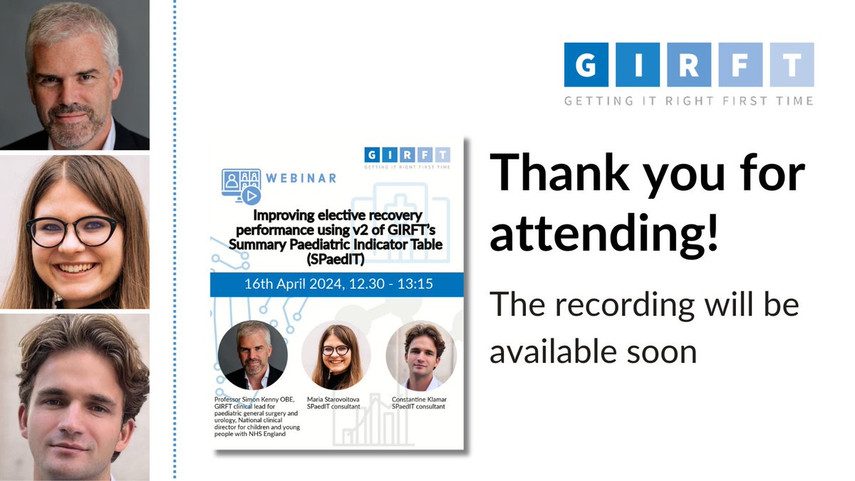 Thanks to the 1⃣0⃣0⃣ of you who joined today for our webinar showcasing how V2 of our Summary Paediatric Indicator Table (SPaedIT) tool supports elective recovery A recording of the webinar will be on the GIRFT website soon Get started with SPaedIT TODAY: bit.ly/3r4TC0O