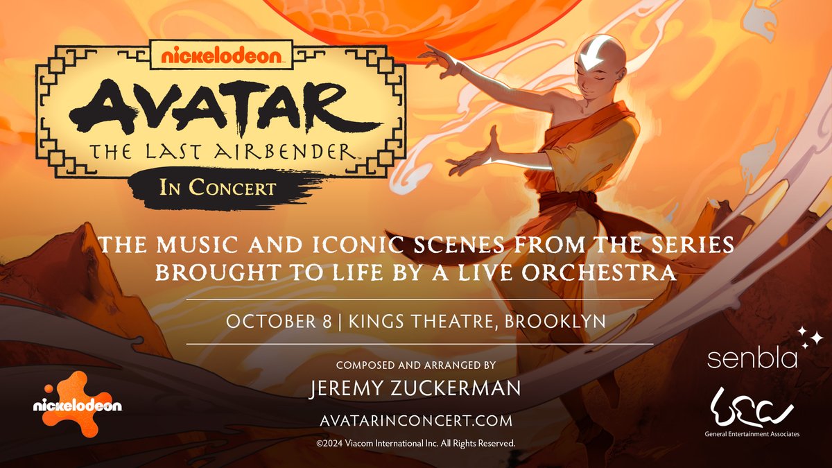 JUST ANNOUNCED: The Avatar is returning to Brooklyn! Join Aang, Katara, Sokka and the gang again as the beloved series comes to life with a live orchestra. ☁️🌊🍃🔥 Master the four elements and get your tickets this Friday at 10 am at bit.ly/4aRrMGP