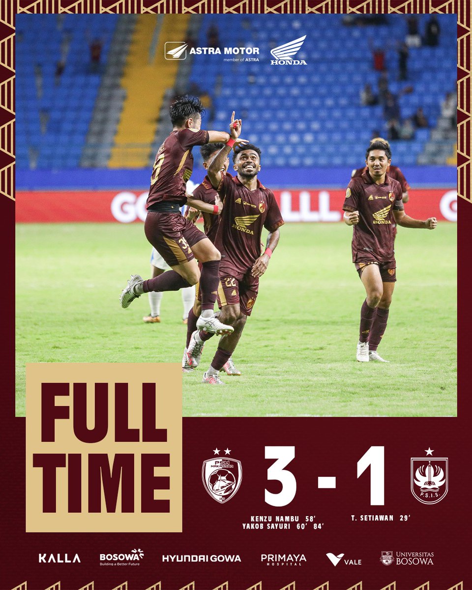 Gempuran terus menerus Pasukan Ramang paksa Laskar Mahesa Jenar menyerah dengan skor 3-1 melalui satu gol Kenzo dan sepasang gol Yakob Sayuri 🔥

Terima kasih atas doa dan dukungan ta' pada malam hari ini 🙏

#EwakoPSM #PSMDAY #PSMvPSIS #BRILiga1