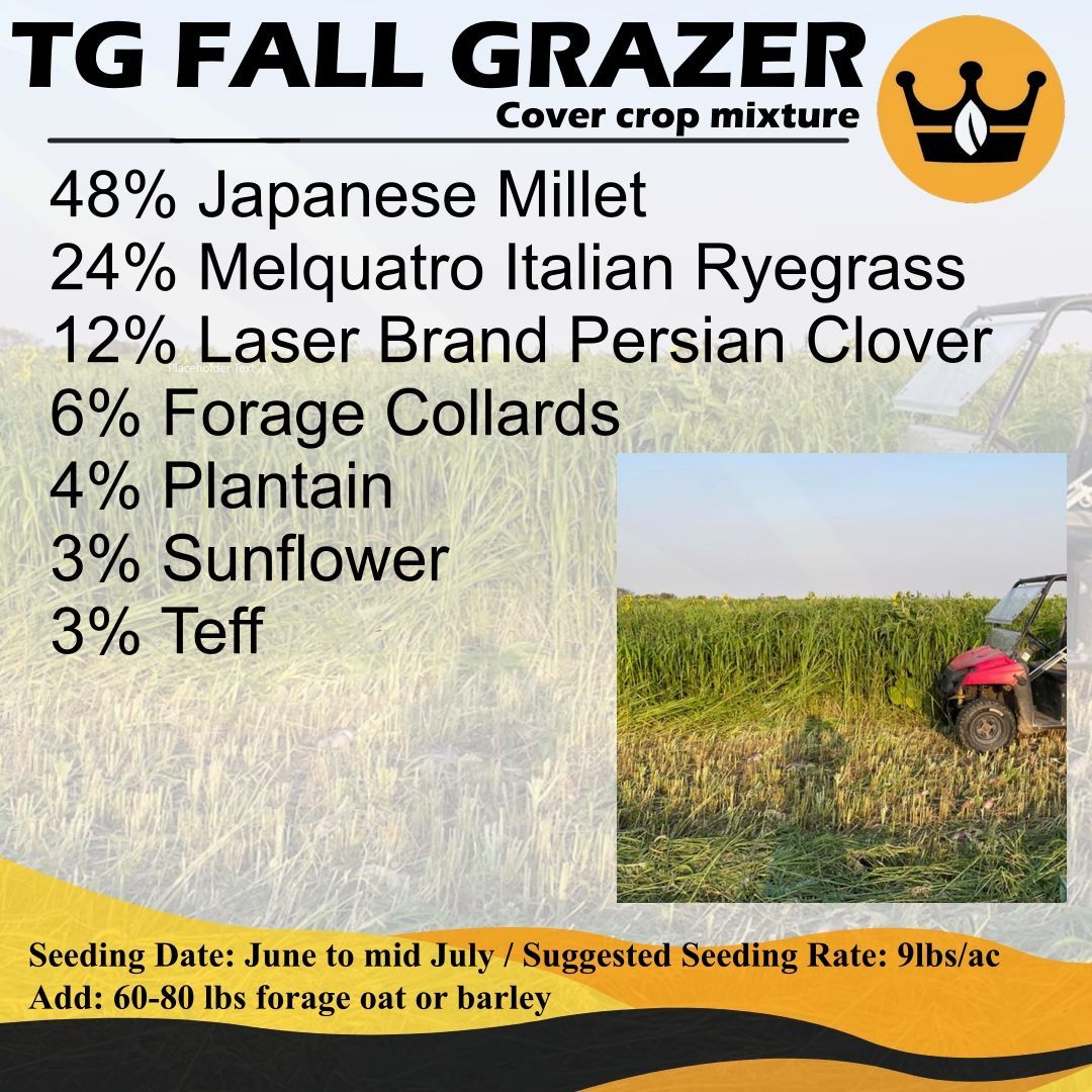 We carry a wide selection of cover crop mixtures to suit various needs.🌱 The Fall Grazer mix includes warm- and cool-season grasses. Plantain provides extended grazing with high sugar content, while collards add stable production and high feed quality