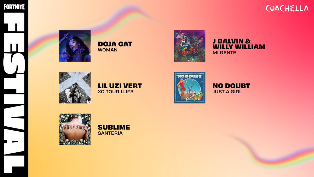 HYPEX's tweet photo. NEW FORTNITE JAM TRACKS ‼️🔥

• Lil Uzi Vert - XO Tour Llif3
• Doja Cat - Woman
• Sublime - Santeria
• J Balvin &amp; Willy William - Mi Gente
• No Doubt - Just A Girl https://t.co/xDOciE6xfg