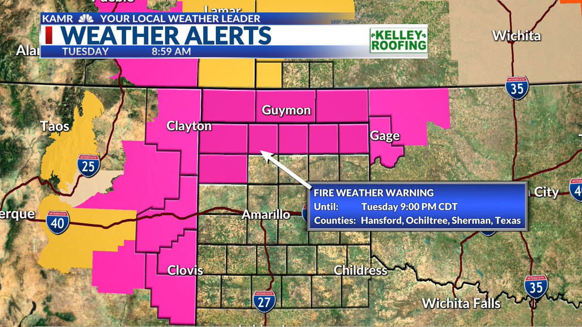 APRIL 16: Fire Weather Warning from 1 PM-9PM as wind gusts to the north & west could increase up to 45 mph. Relative humidity also forecasted to fall into the teens for these areas. 

#KAMRwx #myamarillo #texasweather #texaspanhandle #txwx #amarillo #amarillotexas #okwx #nmwwx