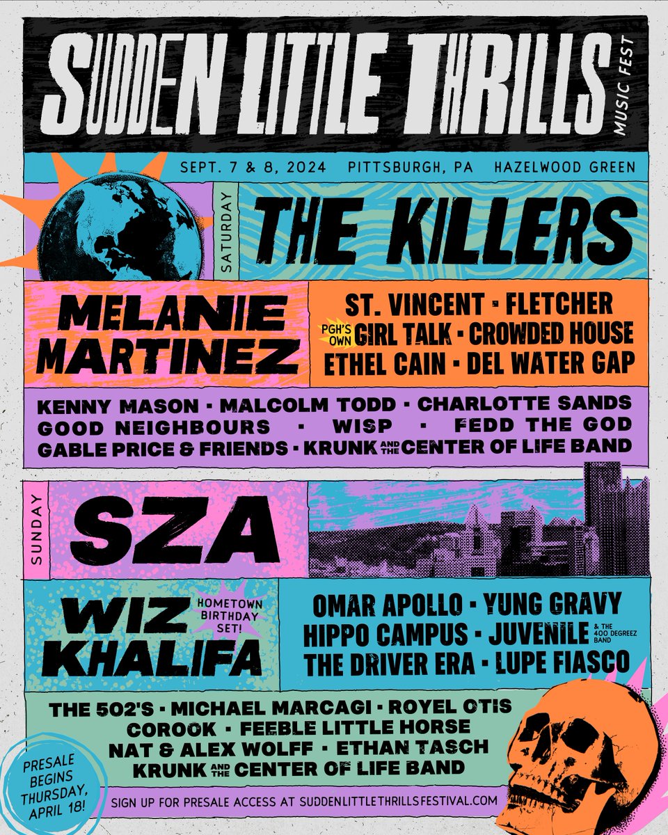 Your 2024 Lineup has dropped 🤘 
Sign up now for a presale passcode at suddenlittlethrillsfestival.com to guarantee access to 2-Day GA Tickets at the lowest price.
Presale begins Thursday, 4/18 from 10am-11am ET. Prices increase at 11am when the public on-sale begins ❤️‍🔥