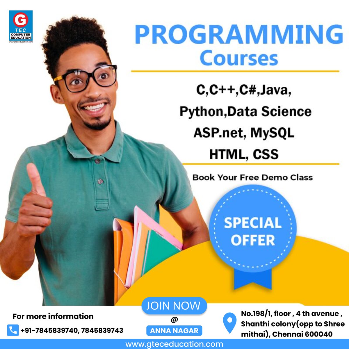 Embrace the language of innovation! 💻✨ Excited to share my journey diving into the world of programming. From logic to language, let's craft solutions that shape tomorrow! 🚀
 G-TEC COMPUTER EDUCATION
ANNA NAGAR, OPPOSITE TO SHREE MITHAI, CHENNAI 600040.
📞7845839740,7845839743