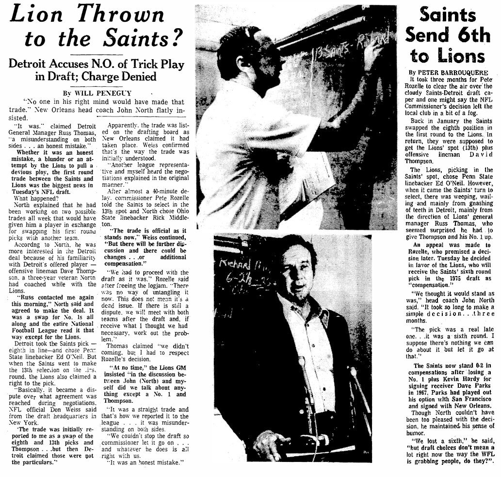 On this date in 1974, the NFL finally resolved the Lions-Saints draft-day trade from three months earlier.
