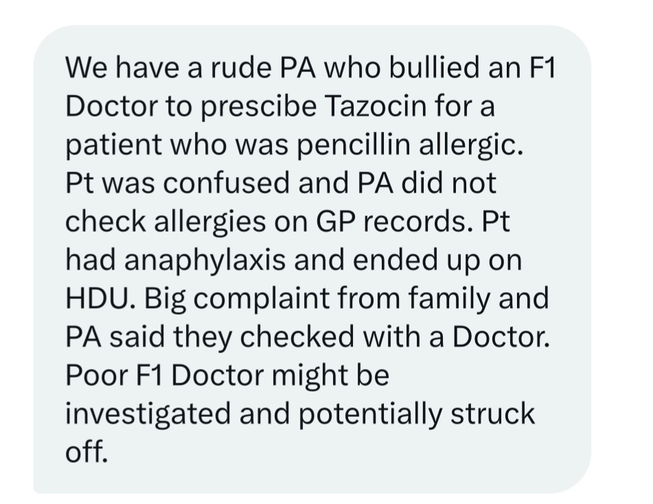 🔴 Physician Assistants strike again from the wards, An F1 Doctor was forced by PA to prescribe Abx to penicillin allergic patient 💀. ⛔️PAs target junior Doctors as they’re less likely to resist ⛔️Enabled by some consultants ⛔️Doctors must refuse to px for PAs without seeing pt