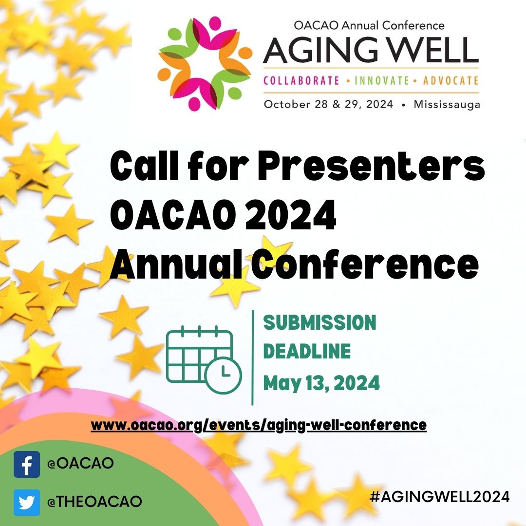 Apply now to present on COLLABORATE l INNOVATE l ADVOCATE topics in Mississauga on Oct 28 & 29, 2024. Don't miss this opportunity to shape the future of programming for older adults! oacao.org/events/aging-w… #OACAO2024 #AgingWellConference #CallforPresenters
