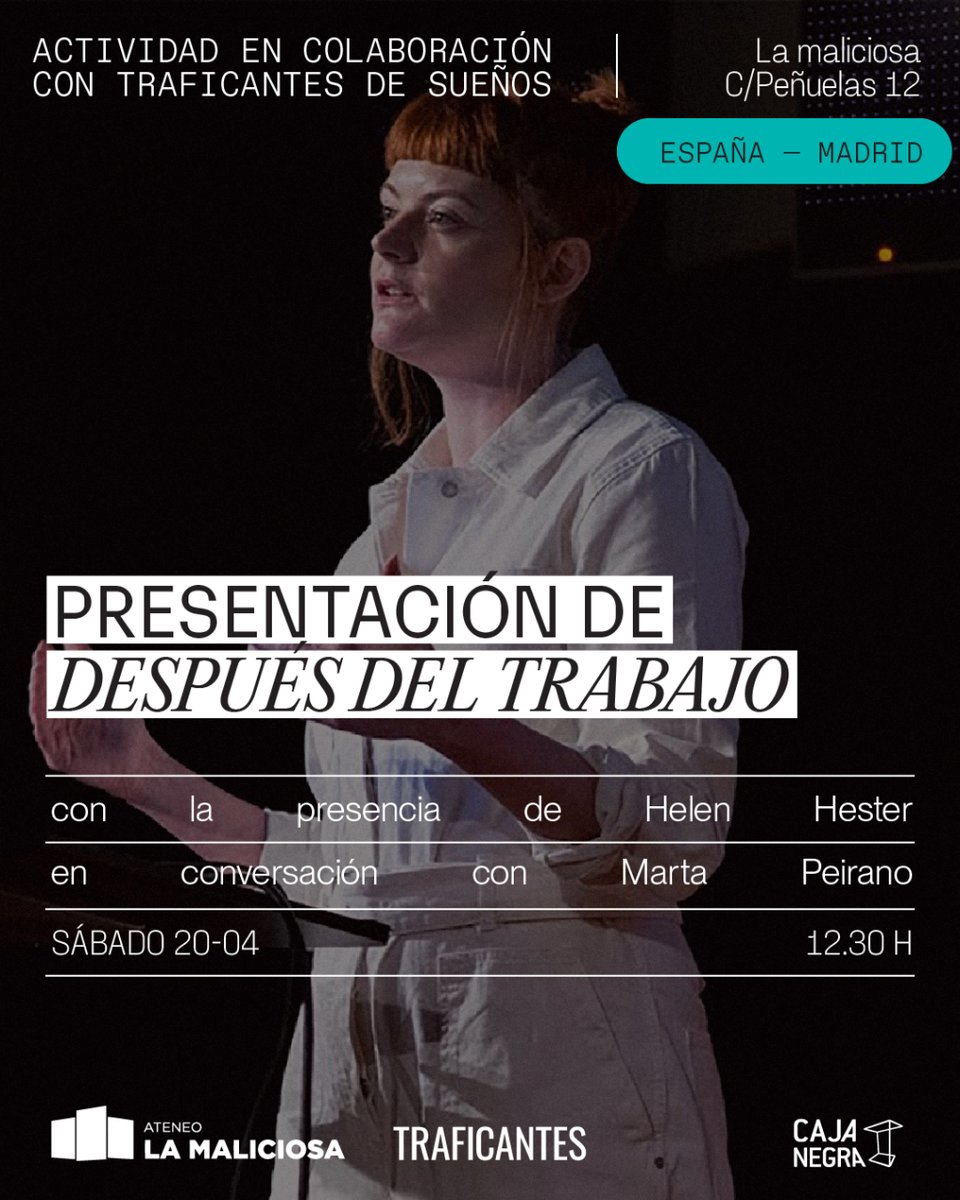 #Actividad Presentación libro Después del trabajo. Una historia del hogar y de la lucha por el tiempo libre. De @HelenHester @nsrnicek  @cajanegraedit  Con @HelenHester  en conversación con Marta Peirano Sábado 20ABR 12:30hs @AteneoMaliciosa acortar.link/Om3ZGf