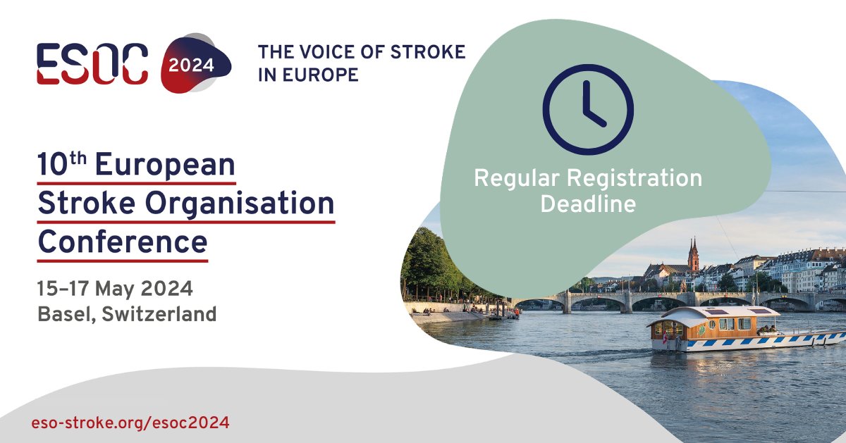 ⏰ Don't wait any longer! The regular registration deadline for ESOC 2024 is fast approaching. Secure your spot and save on fees by registering until 17 April. Time is ticking: ow.ly/I1Tk50RcTv6 #ESOC2024 #stroketwitter #stroke #voiceofstroke