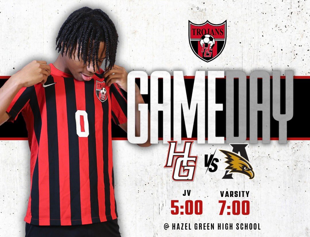 🚨GAME DAY🚨

6A #9 Hazel Green (16-5-2)
🆚 6A Athens
📍THE GREEN
⌚️JVB-5:00 PM VB-7:00 PM
🎟️S2 Pass/💵 at Gate

#TrojanNation #TrojanSoccer #MGgraphics