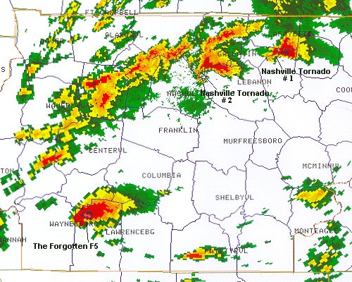 OTD in 1998::Barely a week after an F5 tornado ripped across Central Alabama, the “forgotten” F5 carved a 19-mile path across Wayne and Lawrence Counties in Tennessee. It was overshadowed by the F3 tornado that hit downtown Nashville the same day.