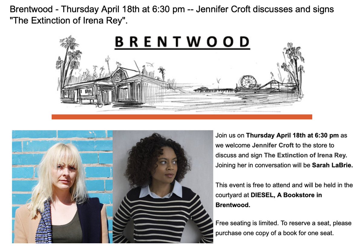 LA friends, this is Thursday, 6:30 pm! Me, Irena Rey, and the amazing @Sarah_LaBrie at @DIESELBrentwood. Would love to see you there! @BloomsburyPub dieselbookstore.com/event/Jennifer…