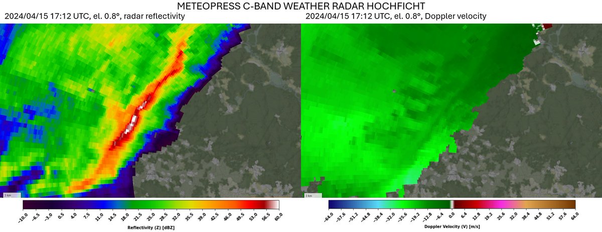 ⚡️One of yesterday's thunderstorms in Bavaria was organized into a line with already quite high radar reflectivity, reaching almost 60 dBZ. Radar reflectivity and Doppler velocity from our weather radar at Hochficht. 📡