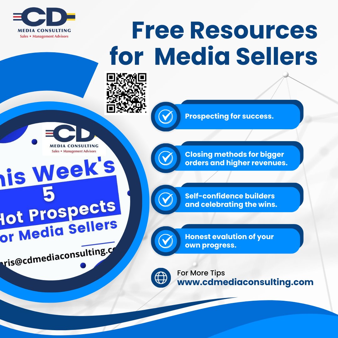 Get this week's hot prospects and our Weekly Sales Meeting at cdmediaconsulting.com. Free resources to help local sellers now: bit.ly/CDFreeIsforMe

#salestips #freeresources #selling #tvsales #radiosales #mediasales #salesmanagement