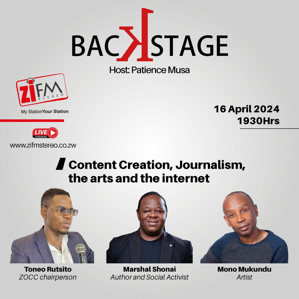 Tonight, Marshal Shonhai, Toneo Rutsito, and I will be discussing content creation on ZiFm with host Patience Musa. Tune in...