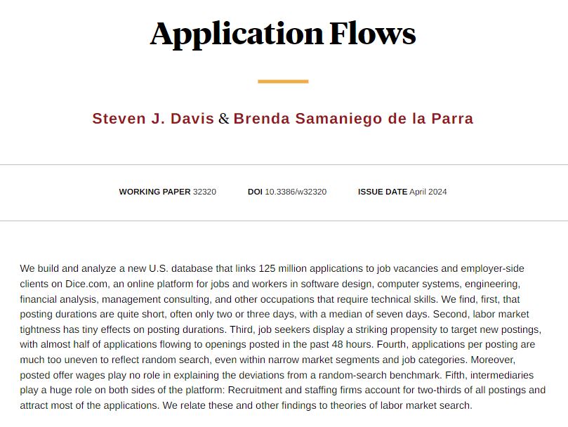 125 million applications linked to job vacancies and employers reveal evidence of nonsequential search and a huge matching role for labor market intermediaries, from Steven J. Davis and Brenda Samaniego de la Parra nber.org/papers/w32320