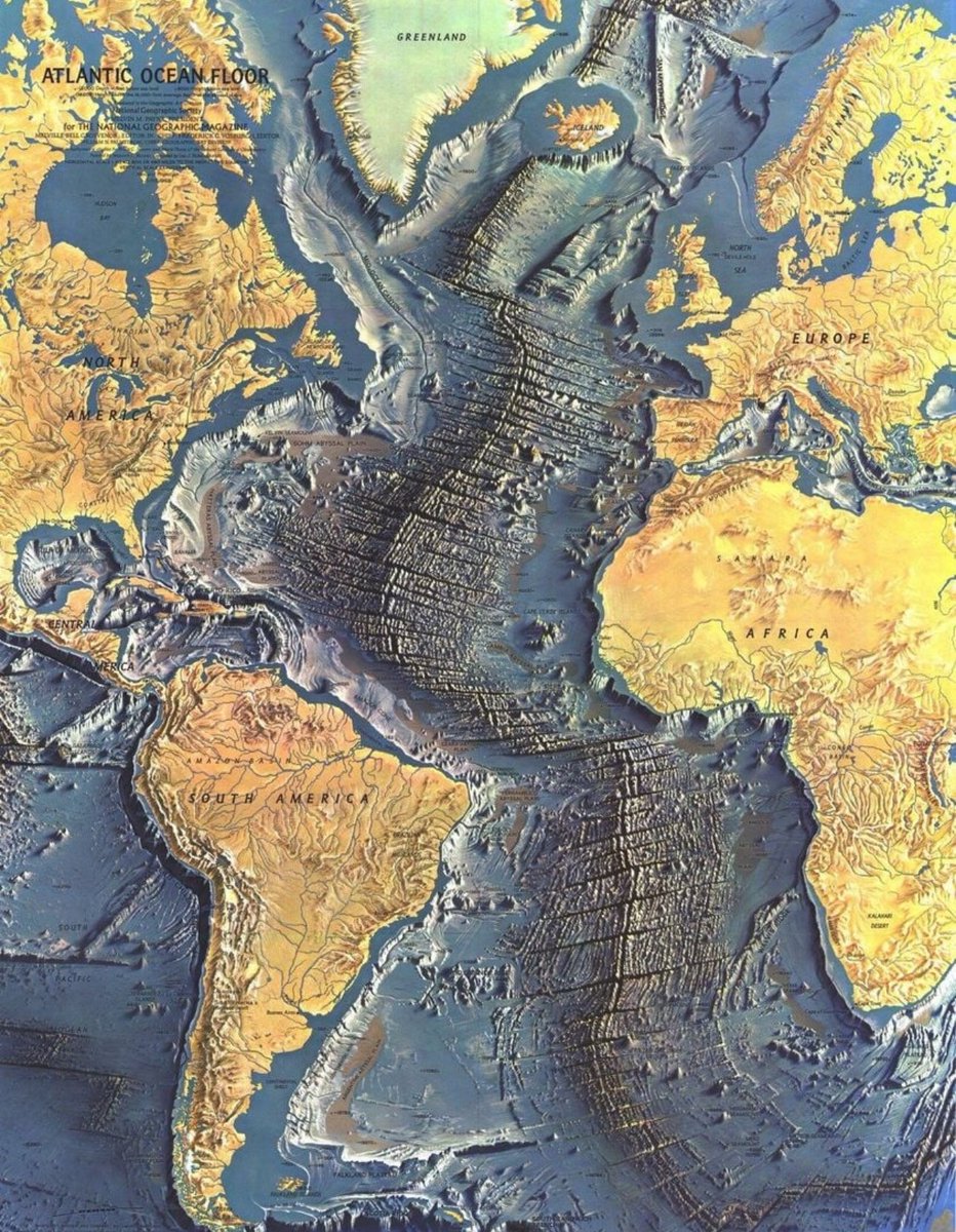 Beautiful map of the bottom of the Atlantic Ocean published in 1968 based on a large amount of ocean depth surveys compiled by Bruce Heezen and Marie Tharp, painted by Heinrich Berann for National Geographic Magazine.

That central segmented structure is the Mid-Atlantic Ridge.