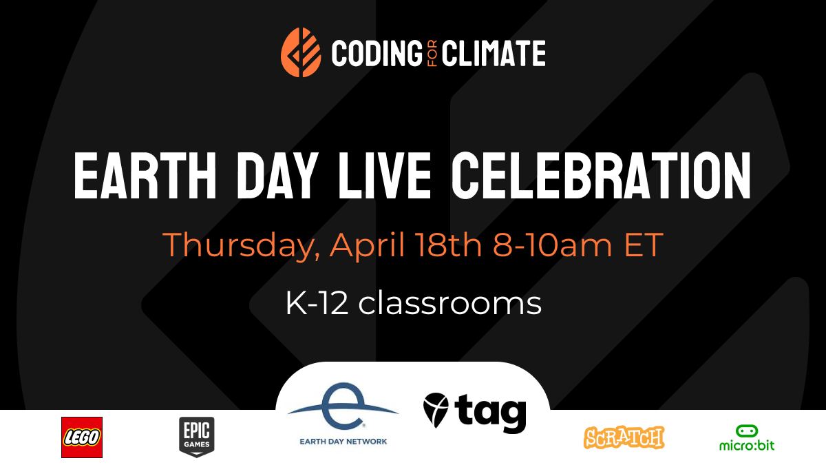 #PartnerNews Join us for a #Coding4Climate #EarthDay Celebration! 🟠 Free, open to all K-12 classrooms, Live on YouTube ⬛️ Guest speakers, student presentations and more 💜 Student action for our planet Register your class for the big event: coding4climate.org @TakeActionEdu