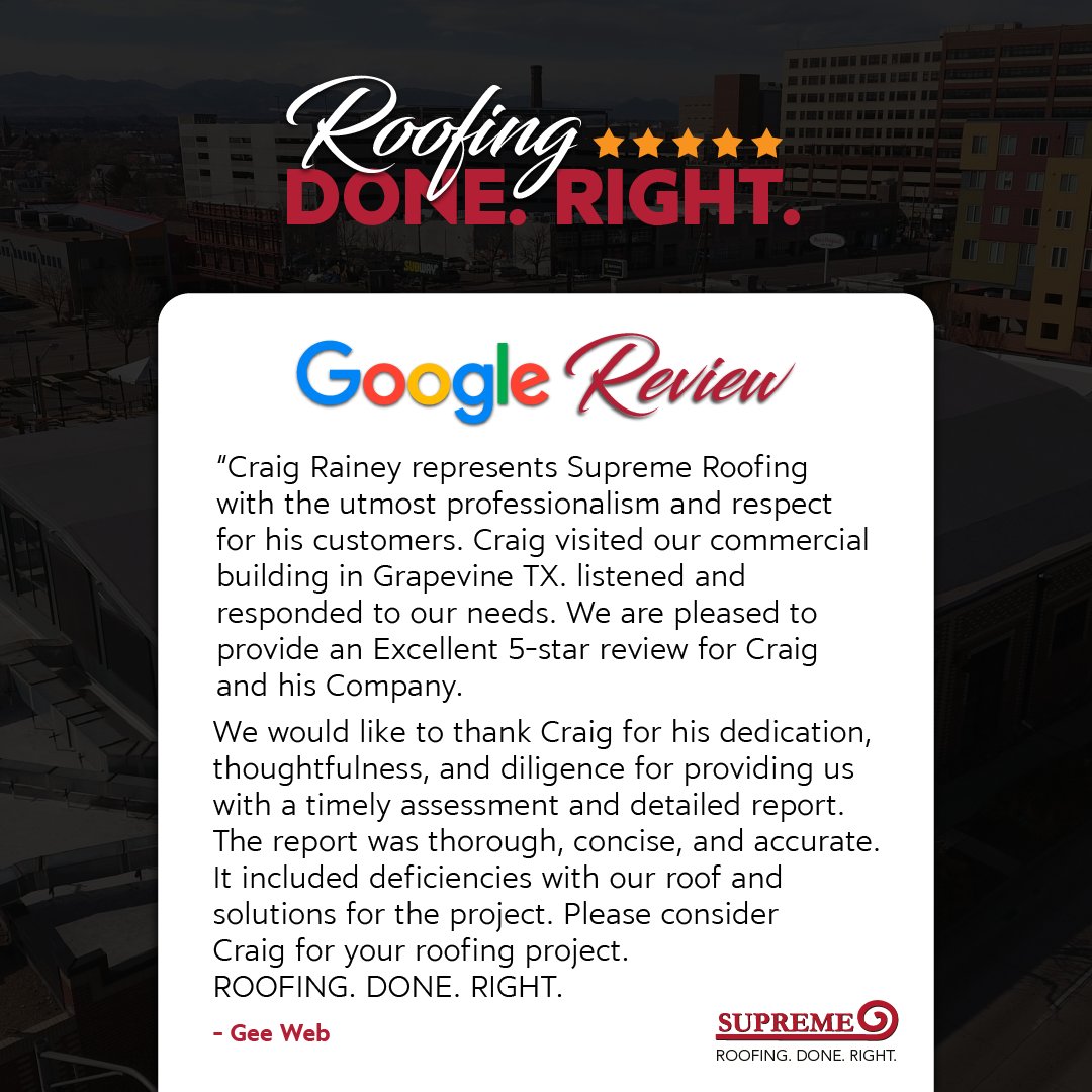 Craig's dedication to understanding and meeting our clients' needs in Grapevine, TX, exemplifies our core values of professionalism and respect.

Learn more about us today: hubs.ly/Q02t08H80

#SupremeRoofing #RoofingDoneRight #RoofingCompany #CommercialRoofing #Dallas #DFW