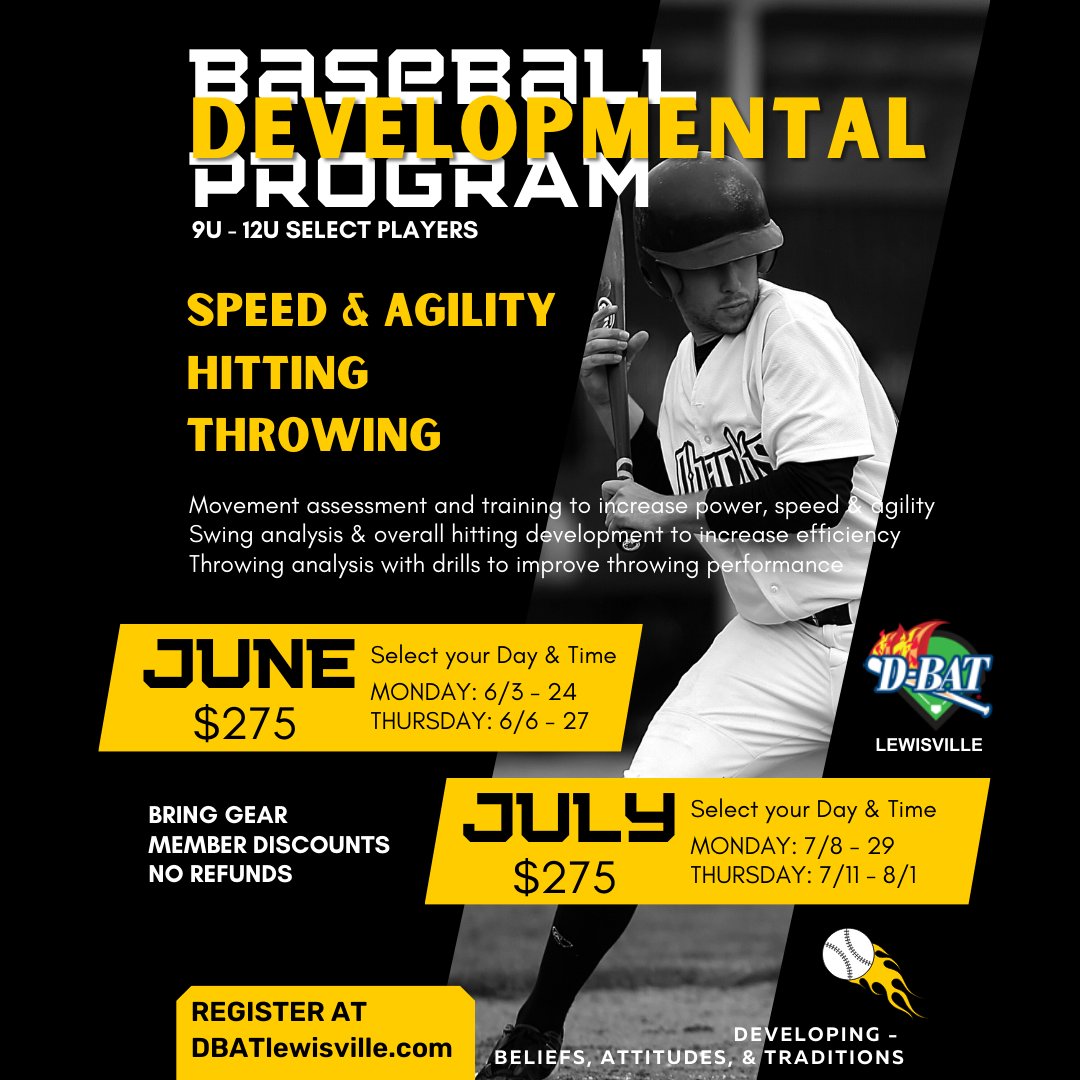 Calling all 9U - 12U select players - summer is all about development! Movement screens and throwing analysis to ensure proper program design and injury prevention • Speed and agility training • Hitting/throwing drills to improve efficiency and optimum performance