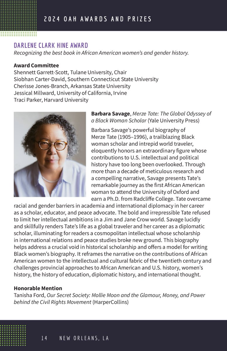 Prof. Barbara D. Savage has won the 2024 Darlene Clark Hine Award from OAH, 'Recognizing the best book in African American women’s and gender history.' She won the award for her book 'Merze Tate: The Global Odyssey of a Black Woman Scholar.' @bdsavage1 #award #book #history