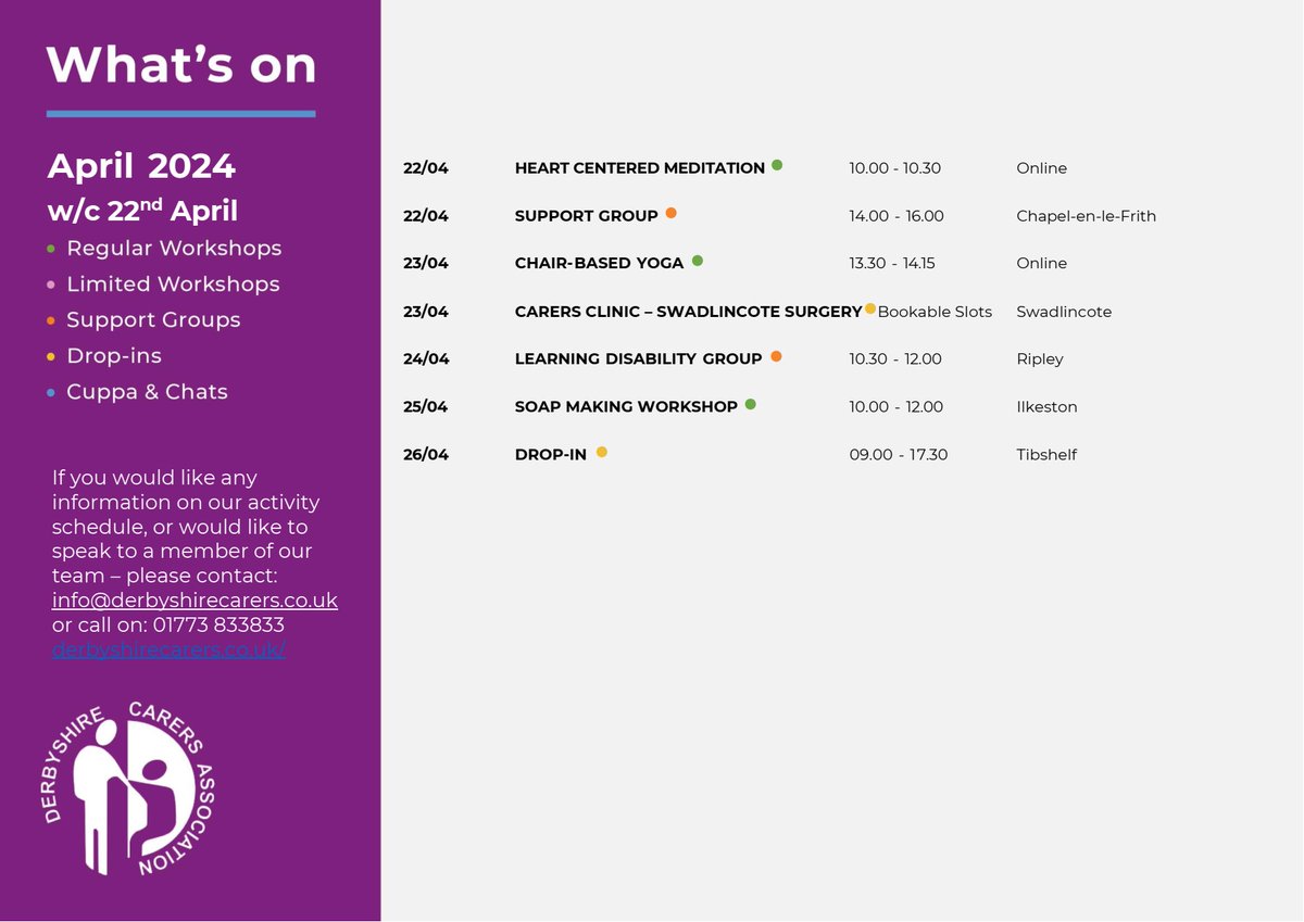 Here's the activities, support groups and more that we have coming up next week 🙂 For full details of each go to our what's on page on the website 👇 derbyshirecarers.co.uk/whats-on #Derbyshire #Carers #WhatsOn