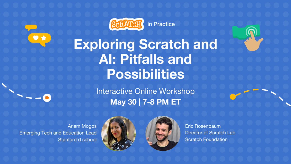 AI can open up incredible creative opportunities and pose ethical challenges. On May 30, educators worldwide are invited to a Scratch in Practice webinar to explore Face Sensing in Scratch Lab while unpacking questions surrounding AI ethics and inequities. events.ringcentral.com/events/scratch…
