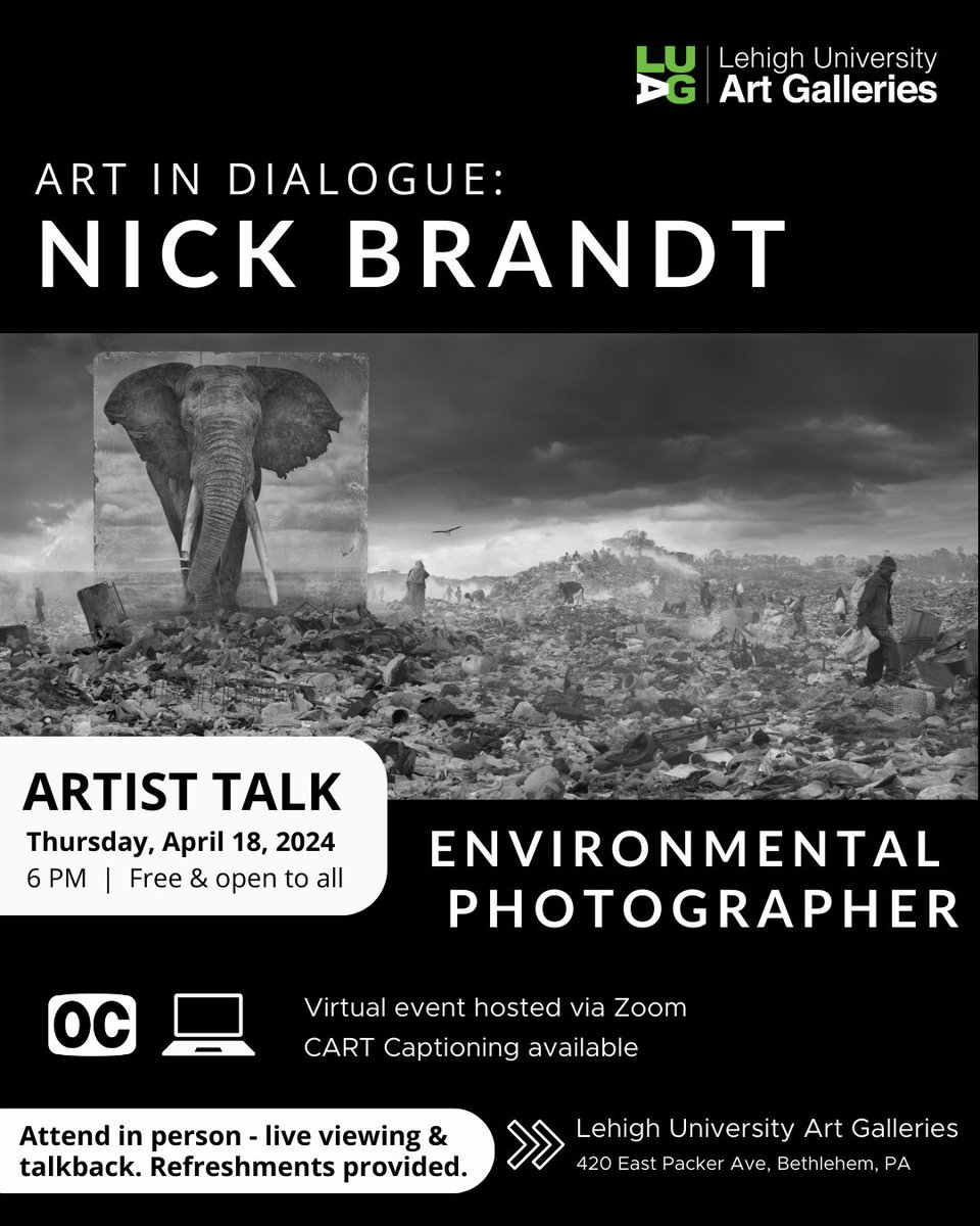 This Thursday! 

Artist talk with Environmental Photographer, Nick Brandt. Visit our website to learn more and register:
luag.lehigh.edu/event/current/…