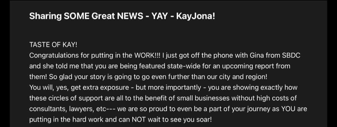 Yesterday’s exiting news 🎉🎉 TasteofKay, LLC will be featured STATE wide in a report from SBDC(small business development center). When I’m not cooking I’m still working!!
