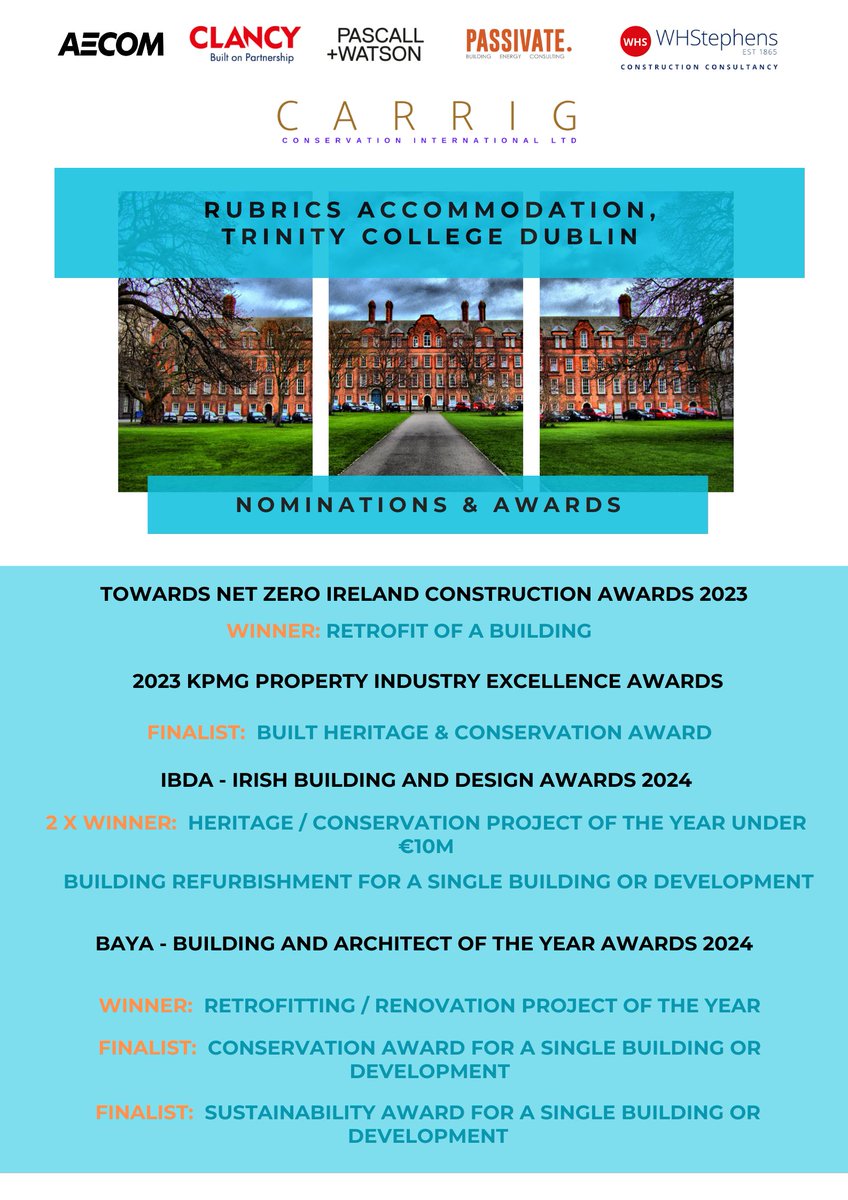 A great awards season! The novel energy conservation of the Rubrics has been recognised as an exemplary project. It has been an honour to be involved in this project alongside <a href="/AECOM/">AECOM</a> , Clancy, <a href="/PascallWatson/">Pascall+Watson</a> , <a href="/AndrewPassivate/">Passivate</a> and WH Stephens.
Read more: carrig.ie/the-rubrics.ht…
