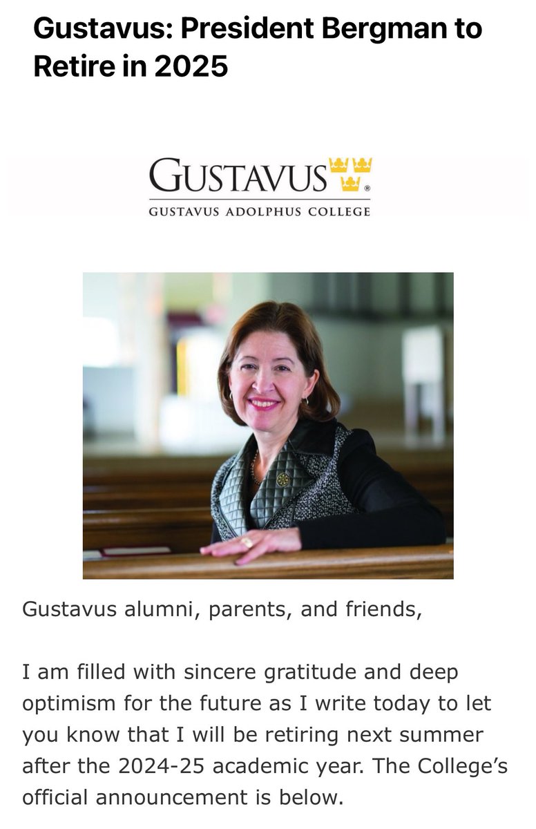 President Rebecca Bergman announced today that she’ll retire as president of @Gustavus in 2025. I am so lucky I served on the Board of Trustees during her tenure. She’s one of the greatest leaders the college has ever had; a model of grace and strength. Thank you Pres. Bergman.