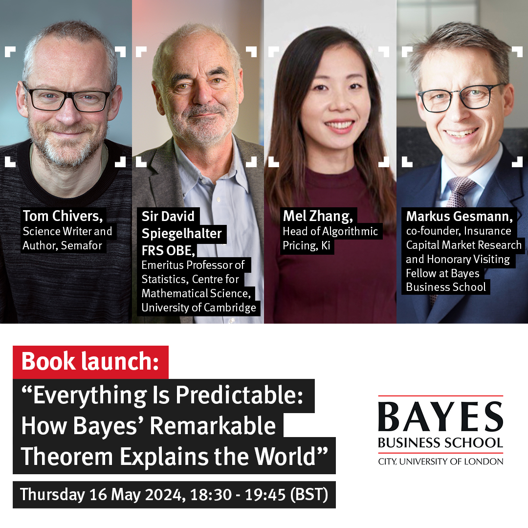 Come join me, those of you who are interested, for the launch of my book, EVERYTHING IS PREDICTABLE! It's about Bayes' theorem, so naturally it's at the Bayes Business School city.ac.uk/news-and-event… with @d_spiegel and other people who actually understand Bayes, and also me