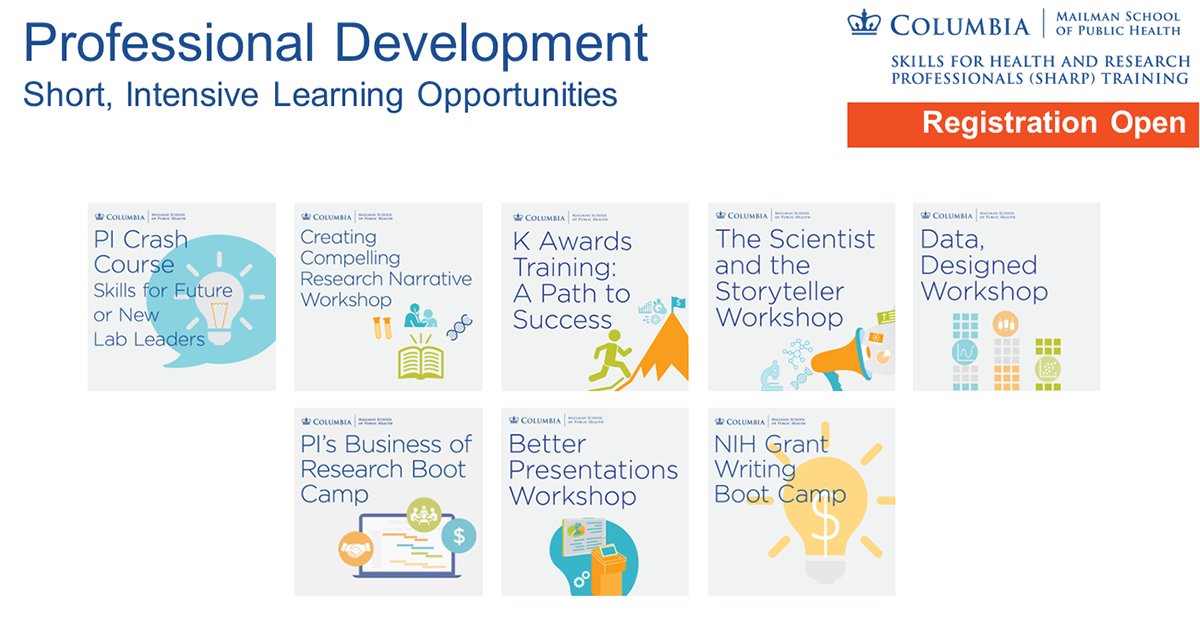 Professional development trainings geared specifically towards public health investigators are being offered by the #SHARP Program this summer. These short, intensive learning opportunities are offered virtually, in-person in NYC and hybrid. publichealth.columbia.edu/SHARP-Training