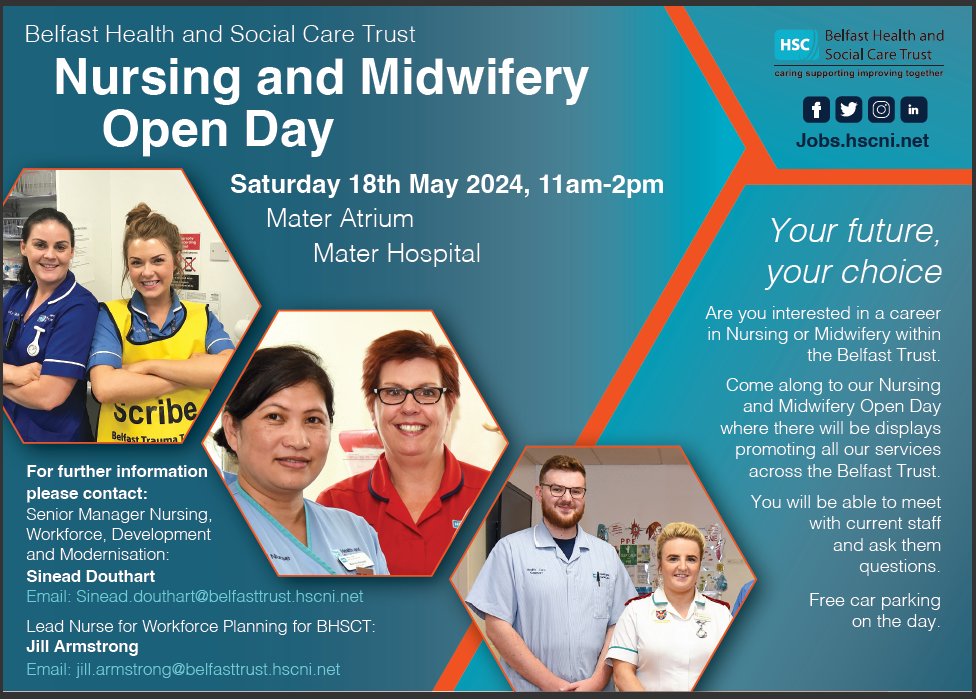 📢Please come along to our Nursing and Midwifery Open Day!!
📌Saturday 18th May 2024, 11am-2pm in the Mater Hospital