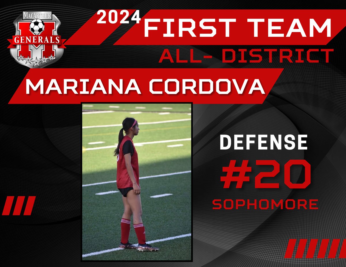 Congratulations 🎉to sophomore Mariana Cordova for earning First team- All-District.⚽️ Her exceptional defensive skills and confidence on the field showed through this season. @MacArthur_AISD @MacGenAthletics @Athletics_AISD #MPND