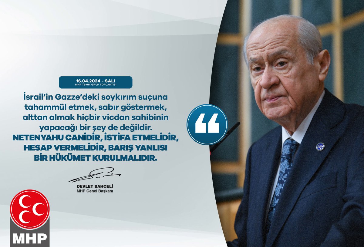 İsrail’in Gazze’deki soykırım suçuna tahammül etmek, sabır göstermek, alttan almak hiçbir vicdan sahibinin yapacağı bir şey de değildir. Netenyahu canidir, istifa etmelidir, hesap vermelidir, barış yanlısı bir hükümet kurulmalıdır. MHP Genel Başkanı Devlet BAHÇELİ