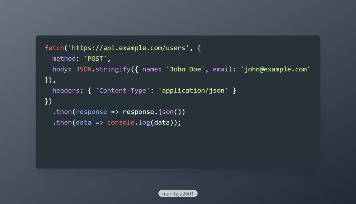 maniteja2601's tweet image. 6/6 📝 Code Example: POST Request 📤
Now, let's create a new user by sending a POST request to the API:
This code creates a new user with the specified name and email. #REST #POSTRequest #CodeExample