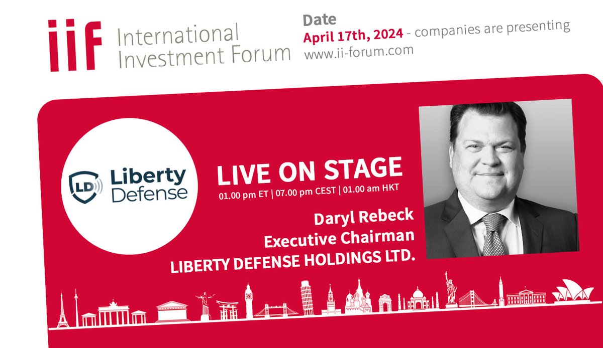 FINAL CALL: @LibDefense at the 11th International Investment Forum (IIF). Daryl Rebeck, Executive Chairman, is presenting on April 17 at 01.00 pm ET - 07.00 pm CET - 01.00 am HKT. #tsa #security #screening Register now and free of charge: us06web.zoom.us/webinar/regist…